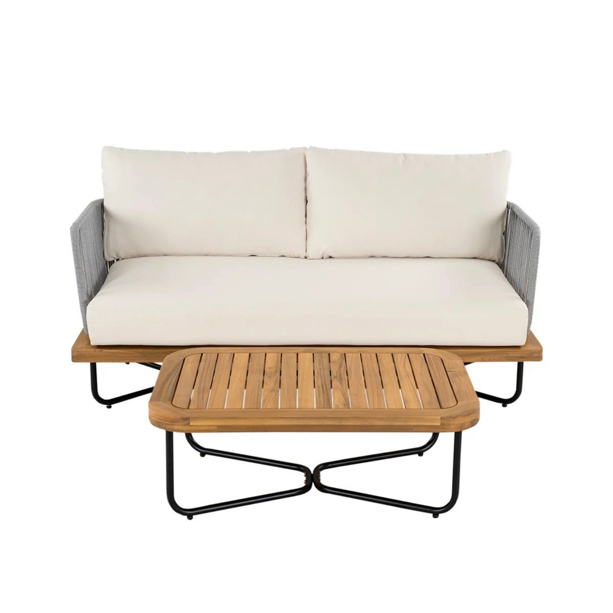 Outdoor 6-Piece Rope Woven Conversation Sofa Set with Wooden Top Table