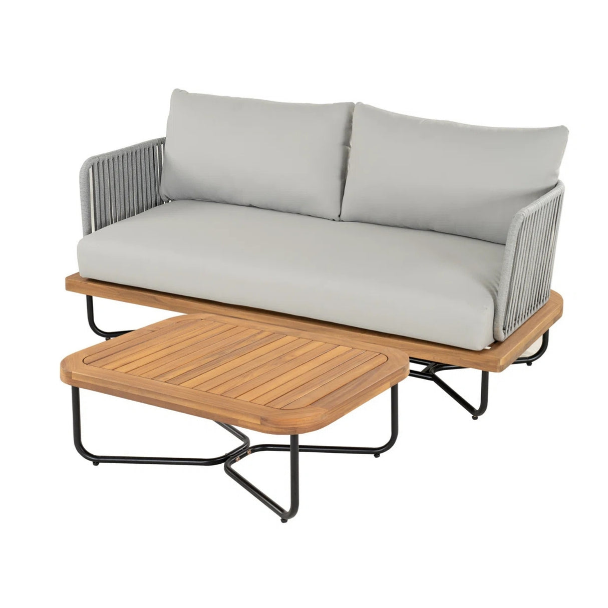 Outdoor 4-Piece Rope Woven Conversation Sofa Set with Wooden Top Table