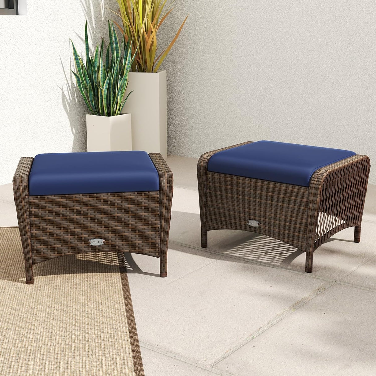 2-Piece Outdoor Rattan Wicker Ottoman Set