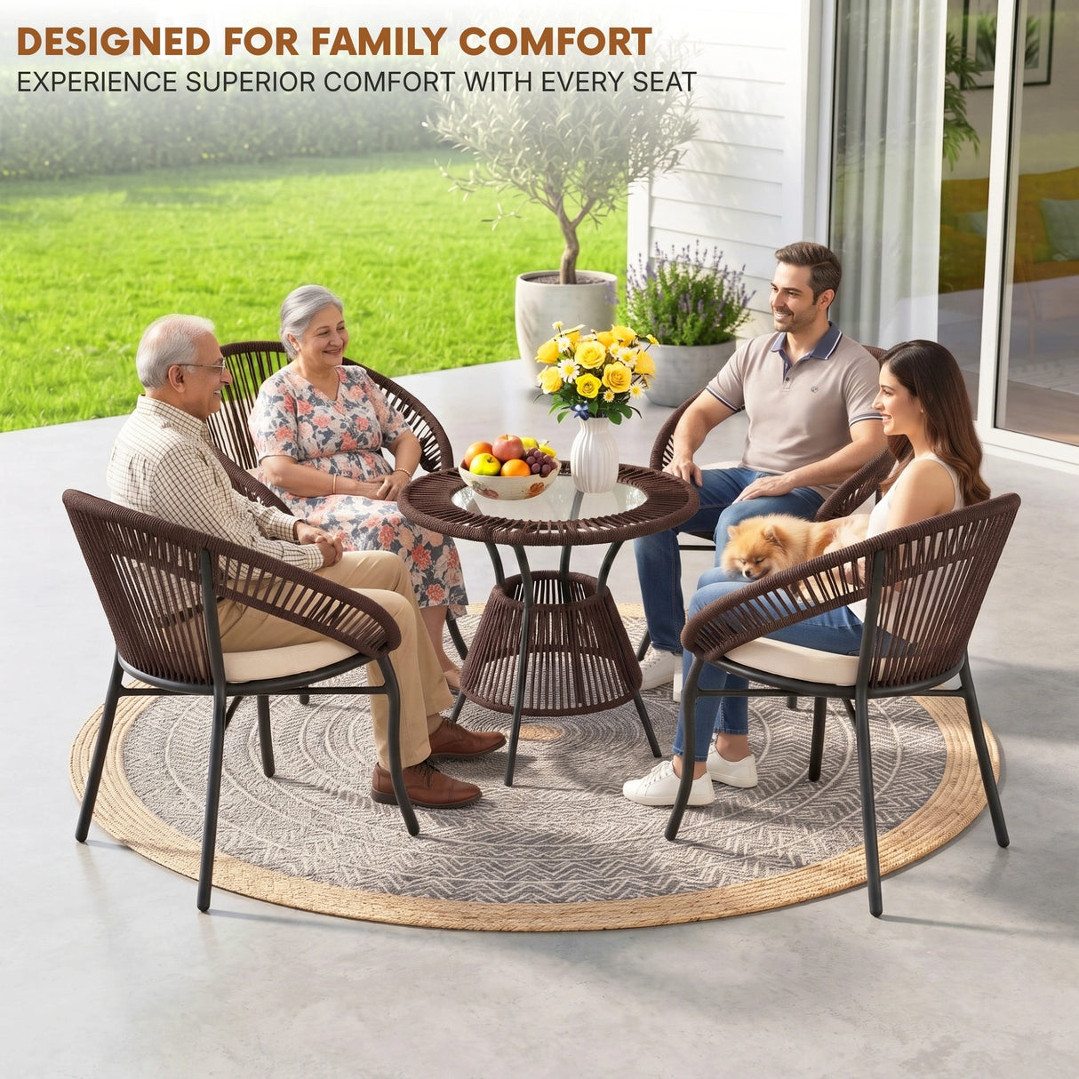 Outdoor 4-Seater Patio Rope Conversation Set (Dark Brown & Cream)