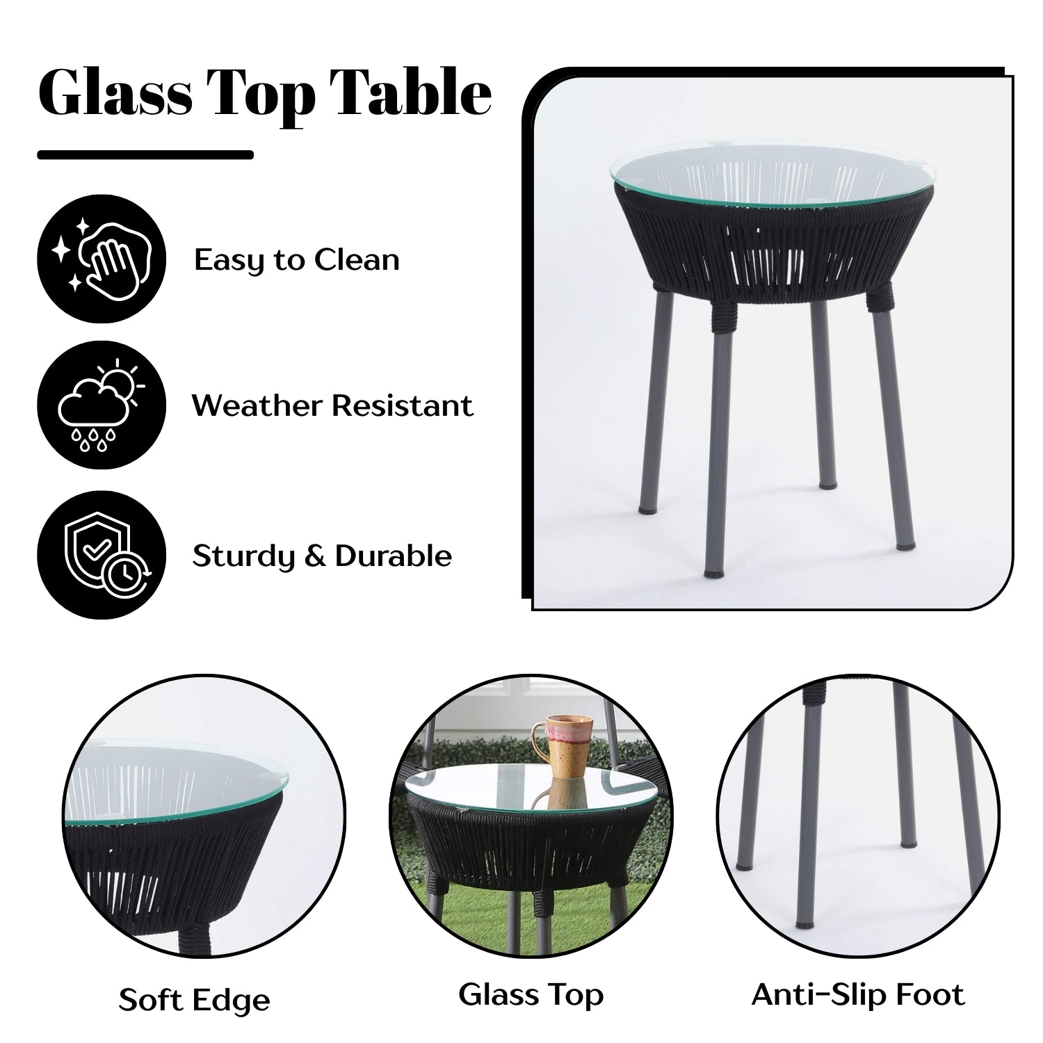 3-Piece Outdoor Grey Rope Patio Set