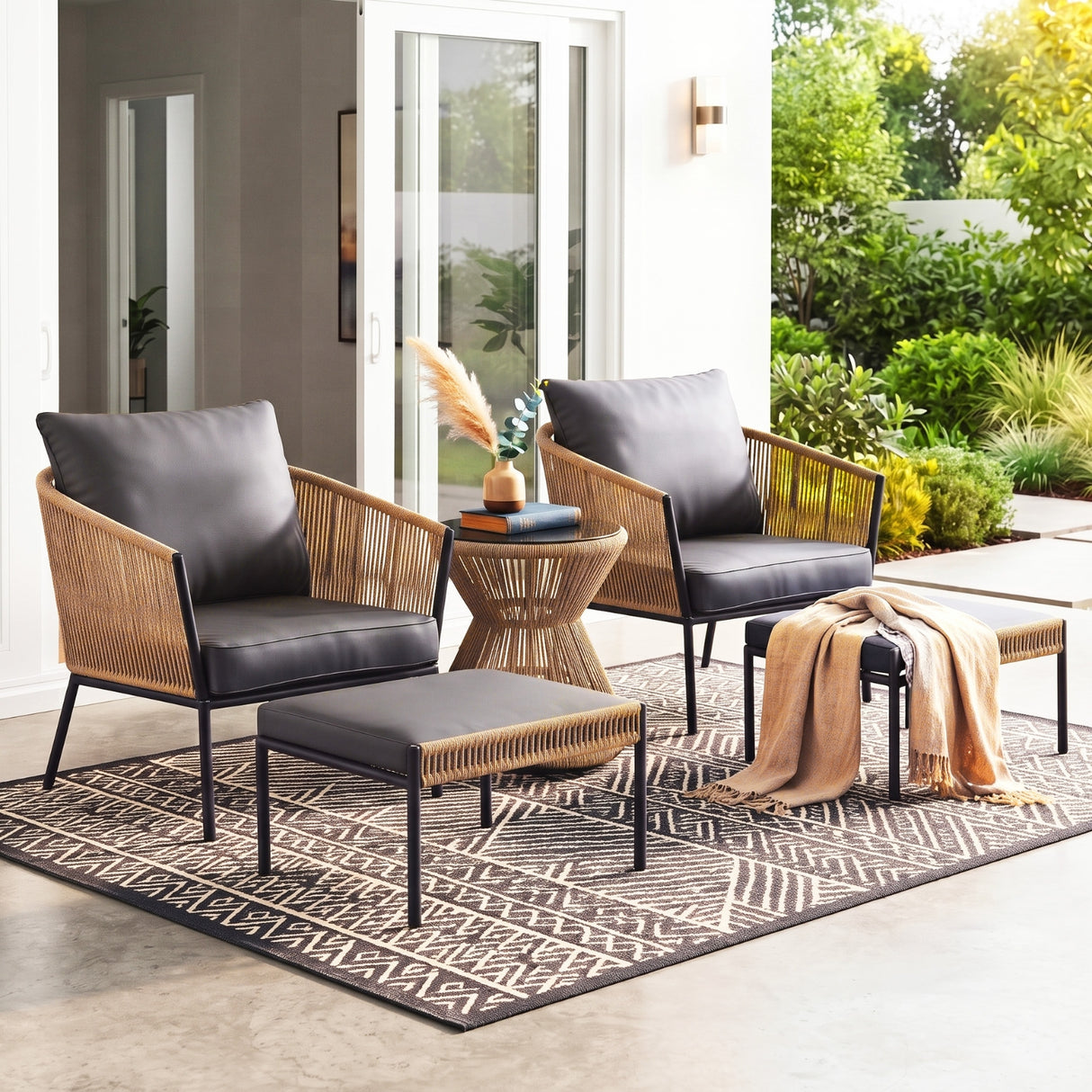 Outdoor 5 Piece Rope Patio Sofa Set (Beige & Dark Grey)