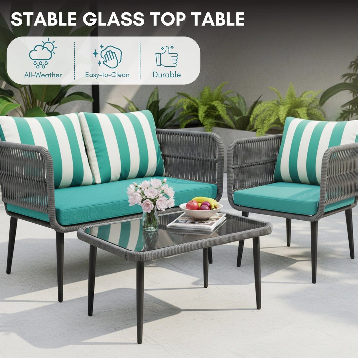 Outdoor 4-Seater Rope Conversation Set (Grey & Blue Hosta)