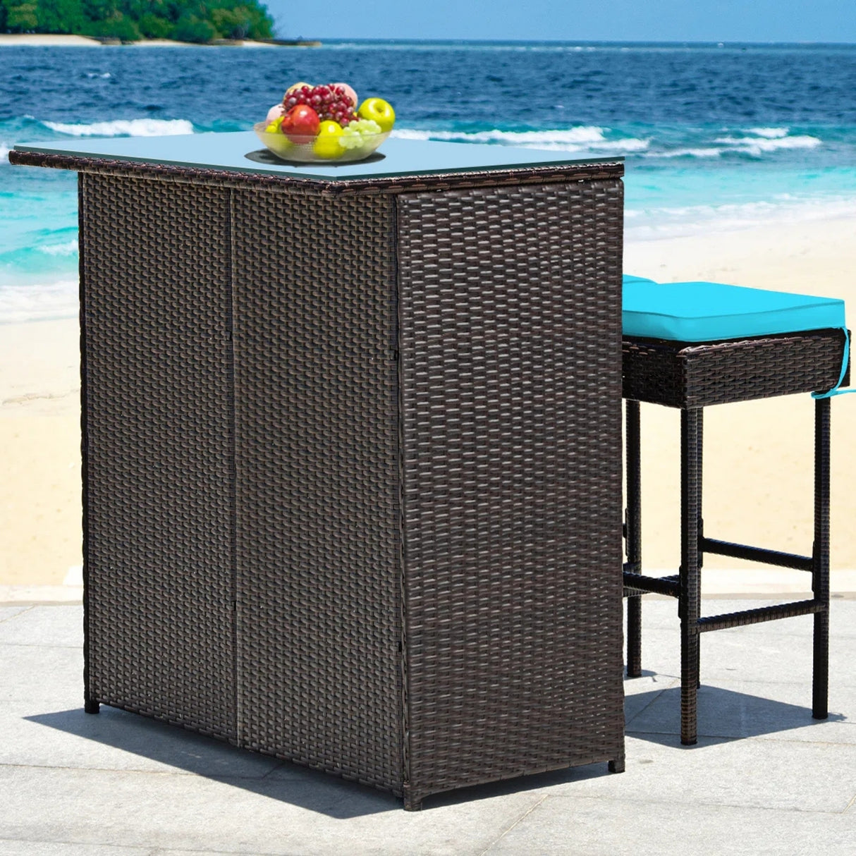Outdoor Wicker Bar Set with Glass Top, 2 Cushioned Stools