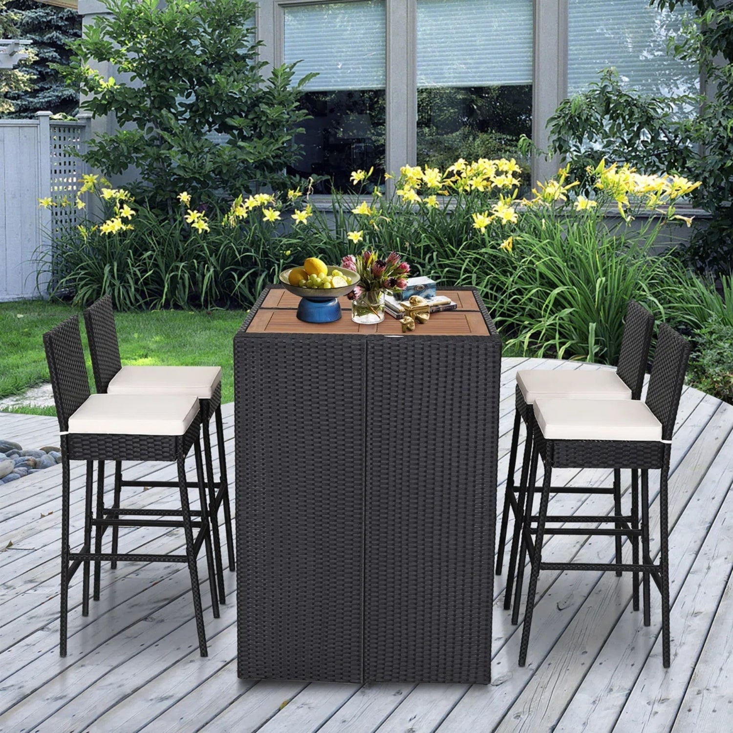 5-Piece Outdoor Rattan Wicker Bar Set with Wooden Top Table