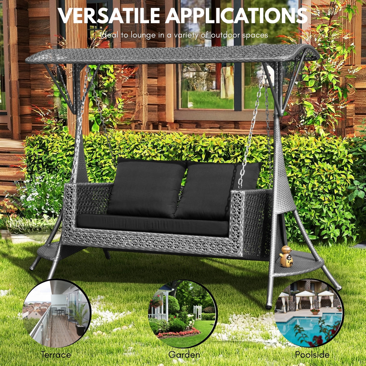 Outdoor Rattan Wicker 2-Seat Patio Swing Chair with Shade & Cushions