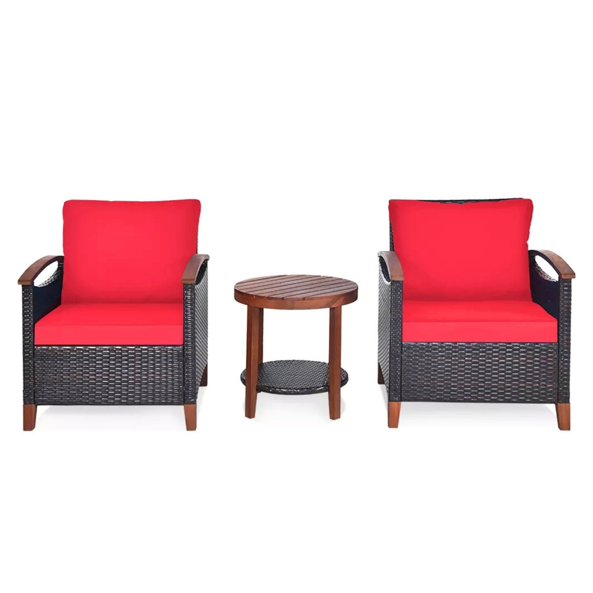 3-Piece Outdoor Wicker Patio Conversation Set (Dark Brown & Red)