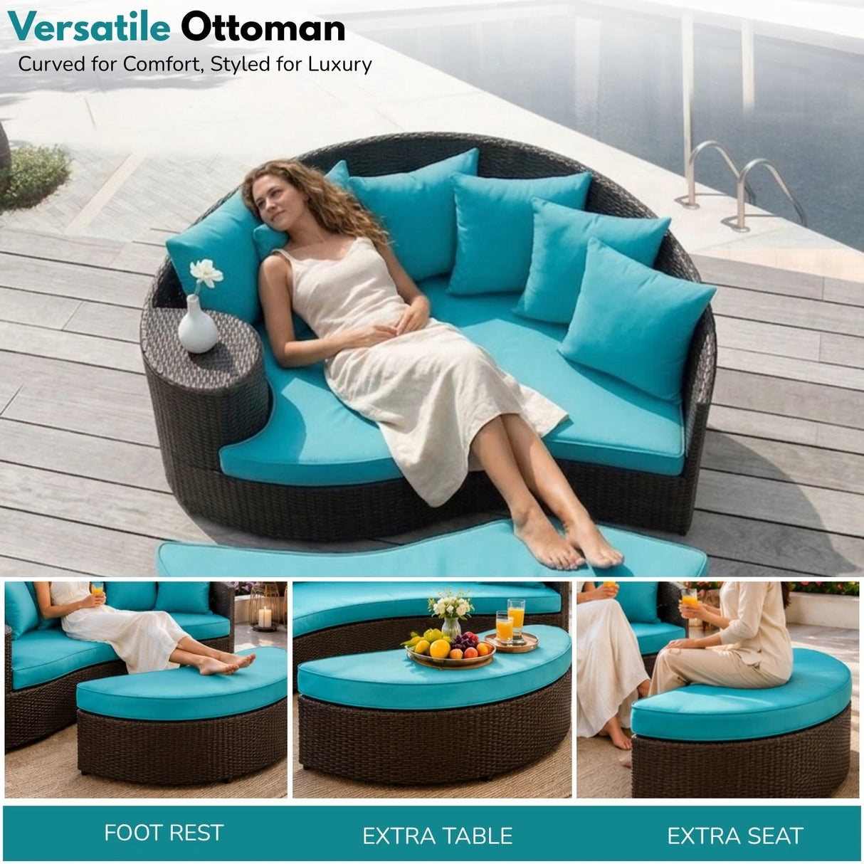 Outdoor Rattan Wicker Daybed (Dark Brown & Turquoise Blue)