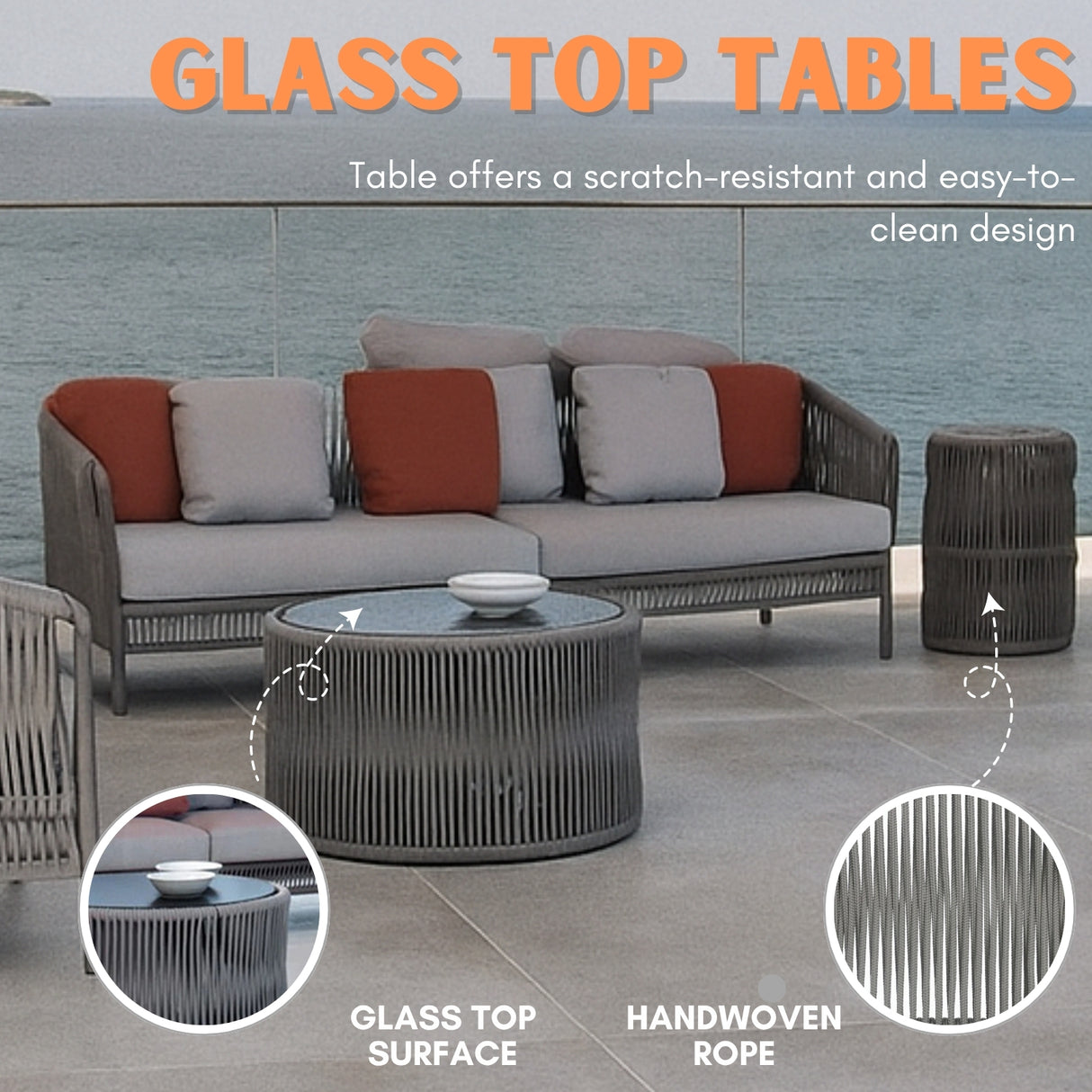 Outdoor 5 Seater Rope Patio Sofa Set with Center Table and Side Table