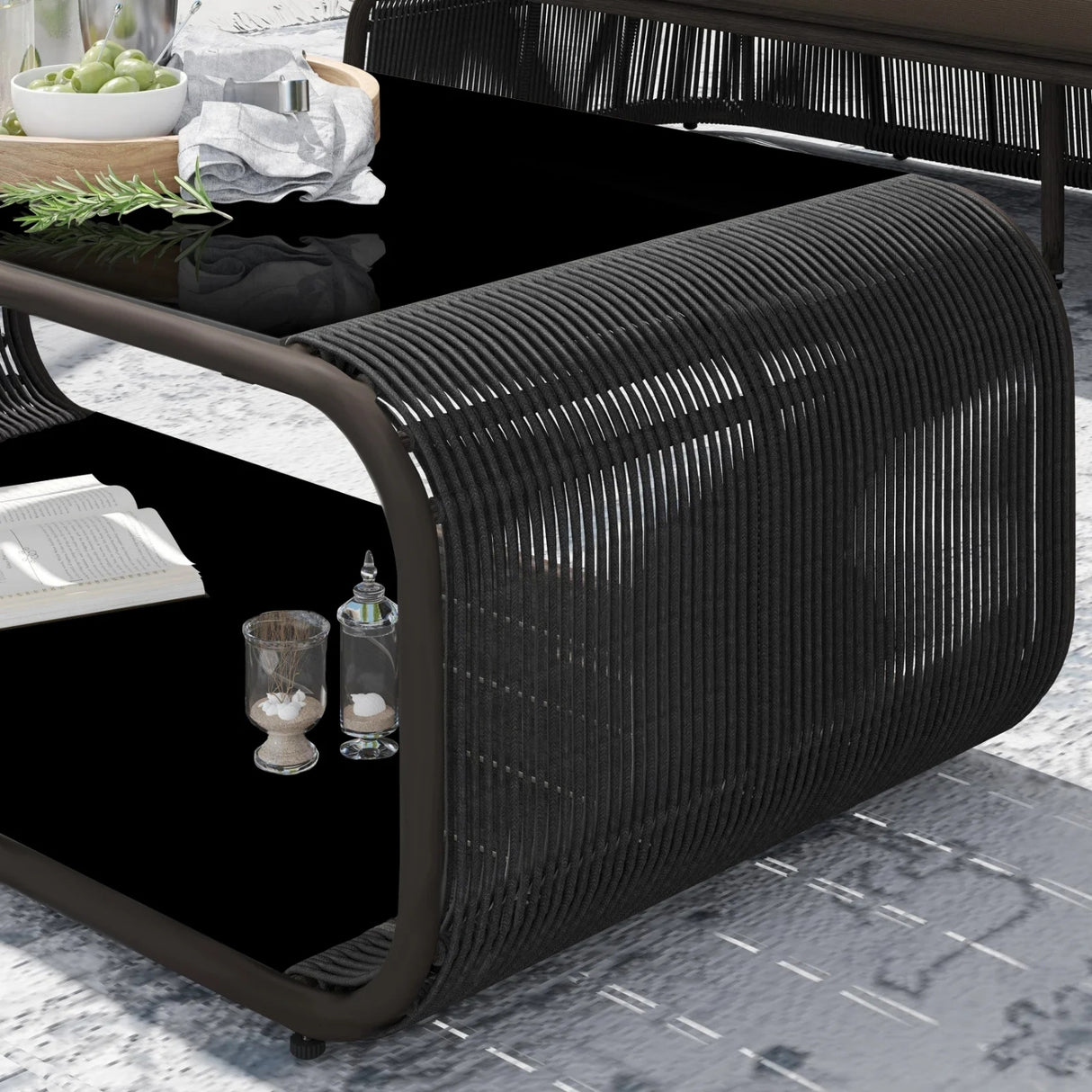 Outdoor Braided Rope Sofa Set With 2-Tier Glass Top Table