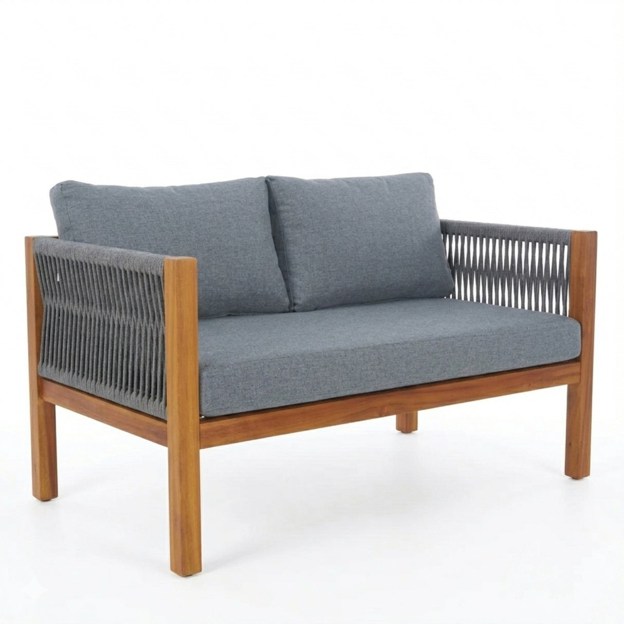 Outdoor Rope Sofa Set with Teak Wood Frame (Grey)
