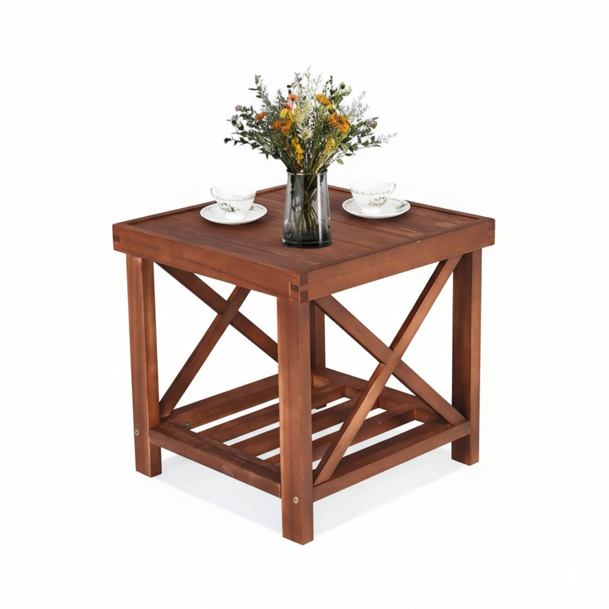 Outdoor Wicker 3-Piece Patio Furniture Set with Solid Wooden Frames (Dark Brown & Blue)