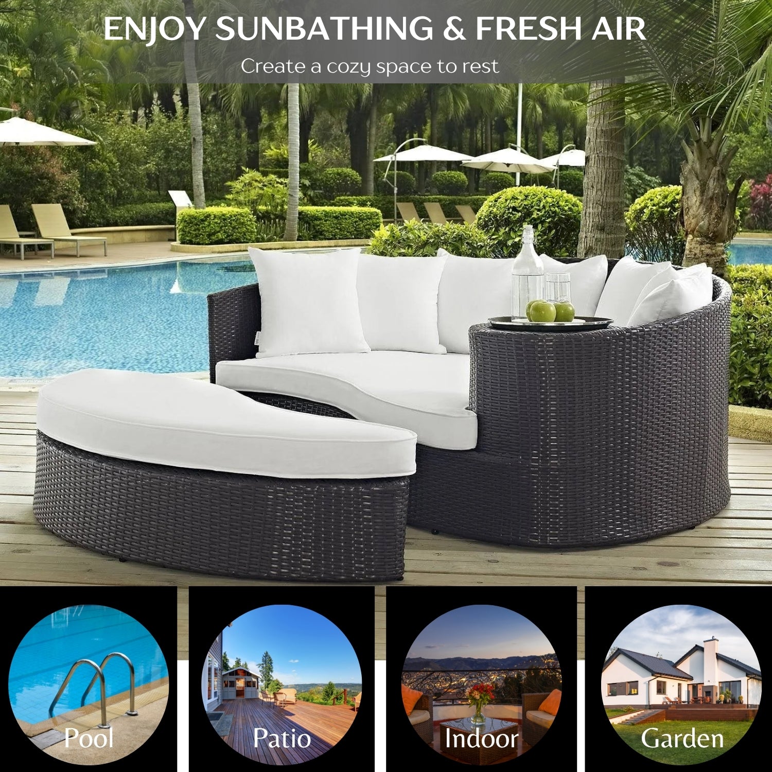 Outdoor Rattan Wicker Daybed (Dark Brown & White)