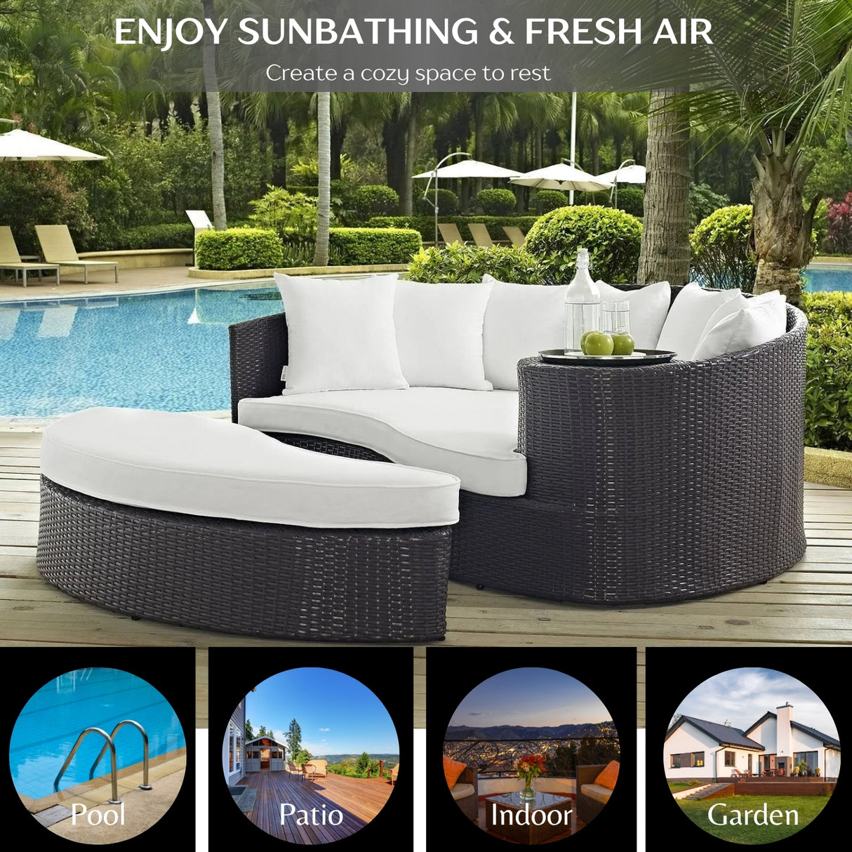 Outdoor Rattan Wicker Daybed (Dark Brown & White)