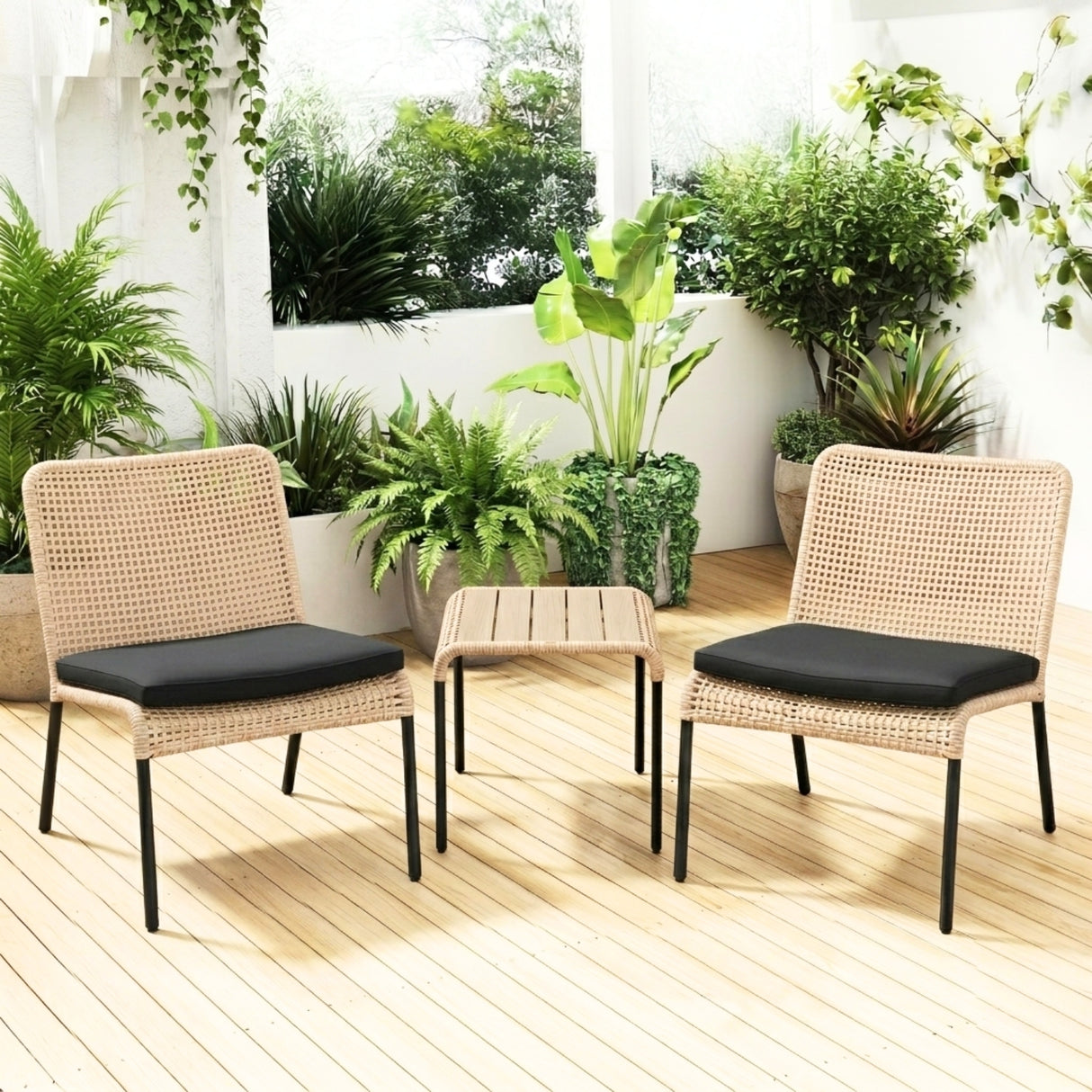 Outdoor Wicker 3-Piece Patio Furniture Set with Wooden Top Table