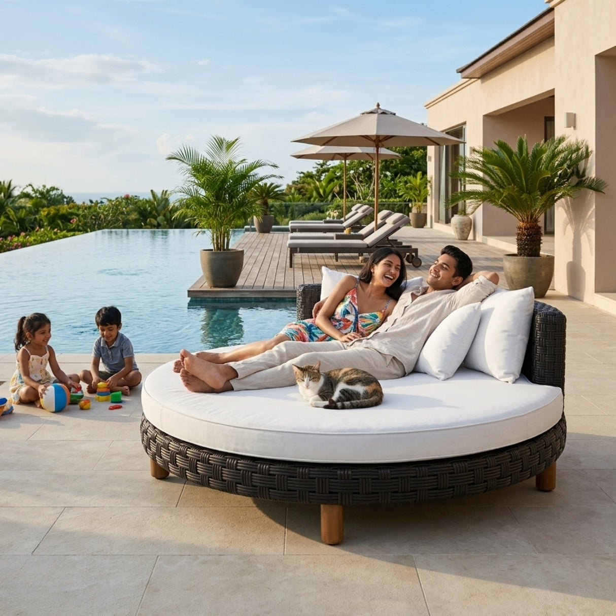 Outdoor All-Weather Rattan Wicker Round Daybed (Black & White)