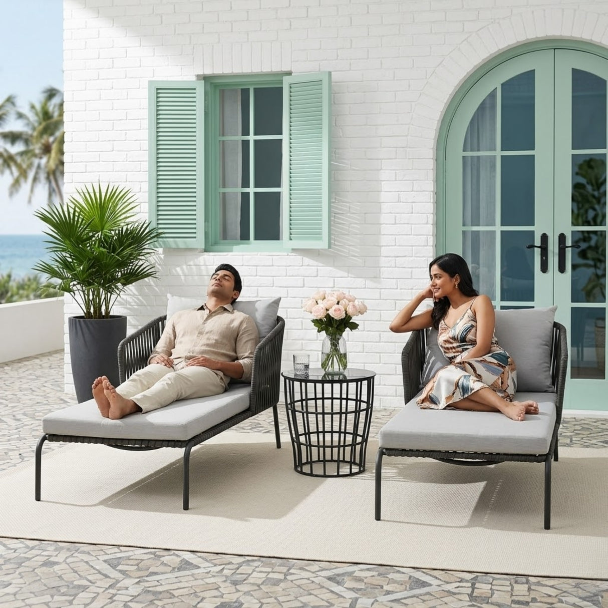 Outdoor All-Weather Resistant Rope Lounger Set (Grey)