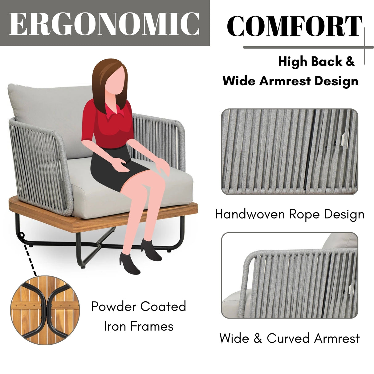 Outdoor 4-Piece Rope Woven Conversation Sofa Set with Wooden Top Table