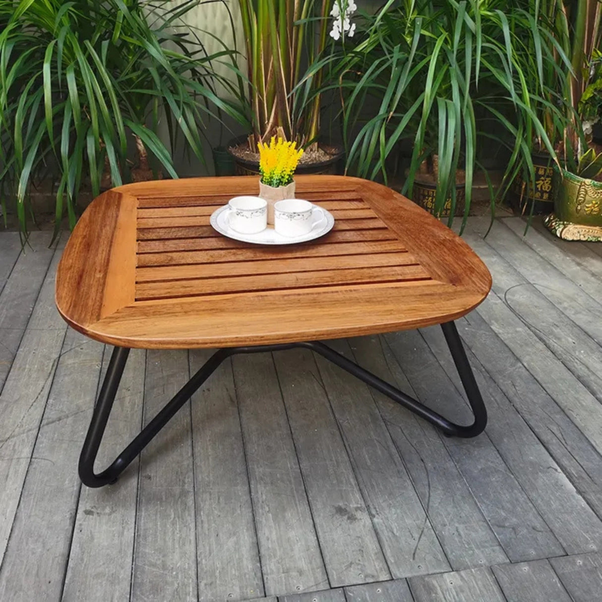 Outdoor Rope 3-Piece Patio Set With Wooden Top Table