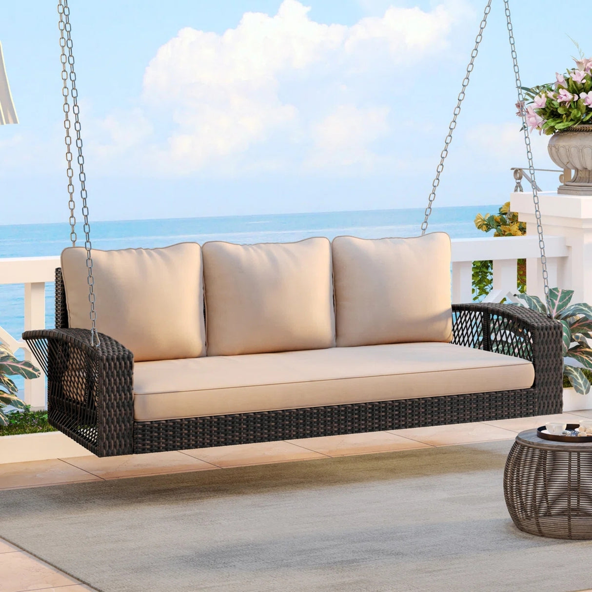 Outdoor Large HDPE Wicker 3-Person Porch Swing
