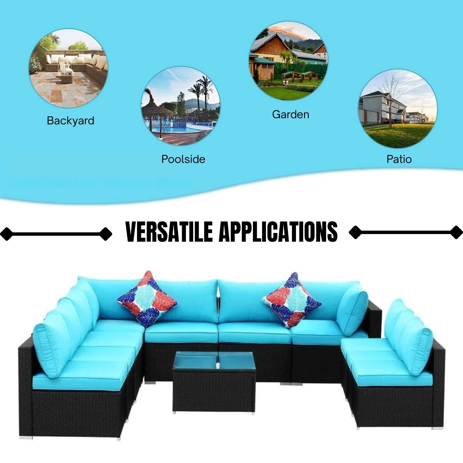 Outdoor Garden Conversation Sofa Set (Black/Sky-Blue)