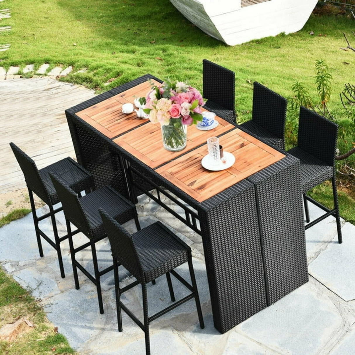 7-Piece Outdoor Rattan Wicker Bar Set with Wooden Top Table