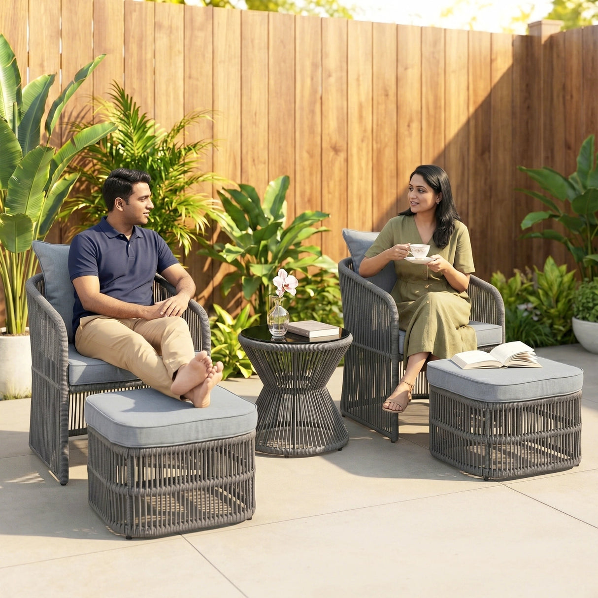 Outdoor 5 Piece Rope Patio Chair Ottoman Set (Grey)