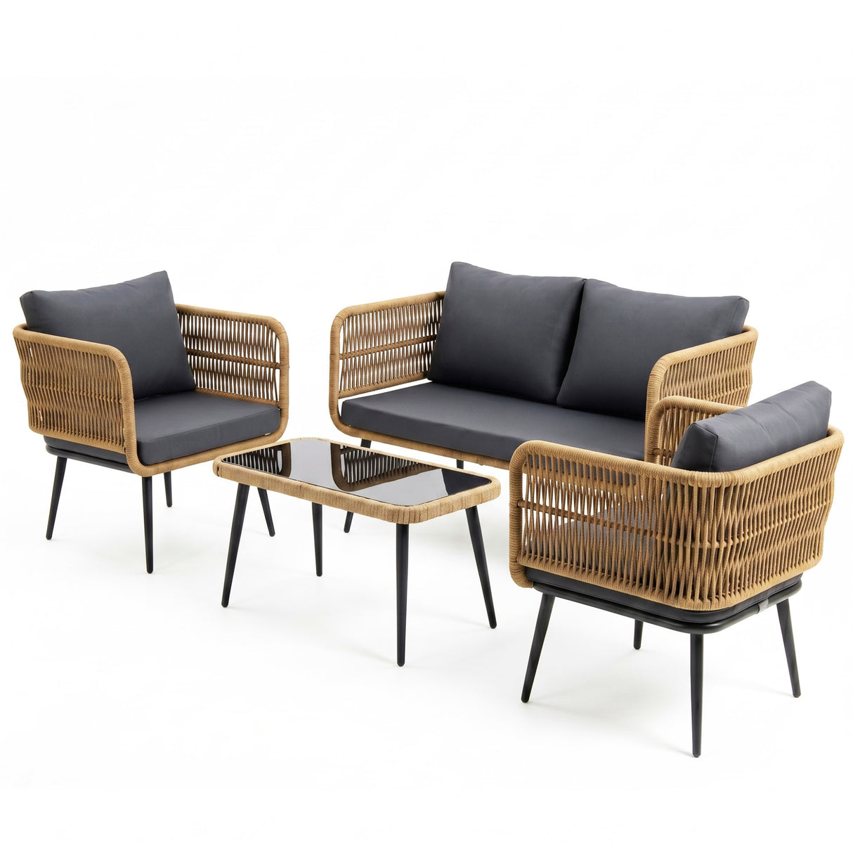 Outdoor Rope 4 Seater Conversation Furniture Set (Beige & Dark Grey)