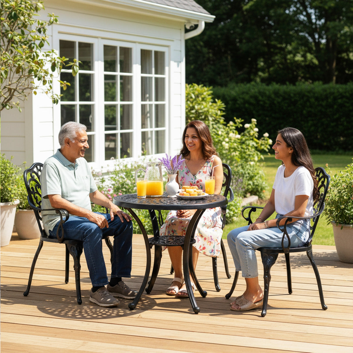 3-Seater Outdoor Cast Aluminum Bistro Set with Round Table (Black)