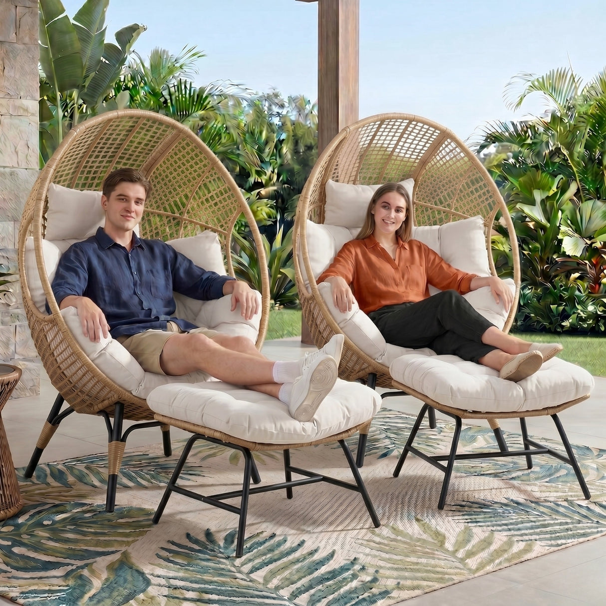 4-Piece Outdoor Wicker Egg Chair Set with Ottomans (Beige & Off-White)