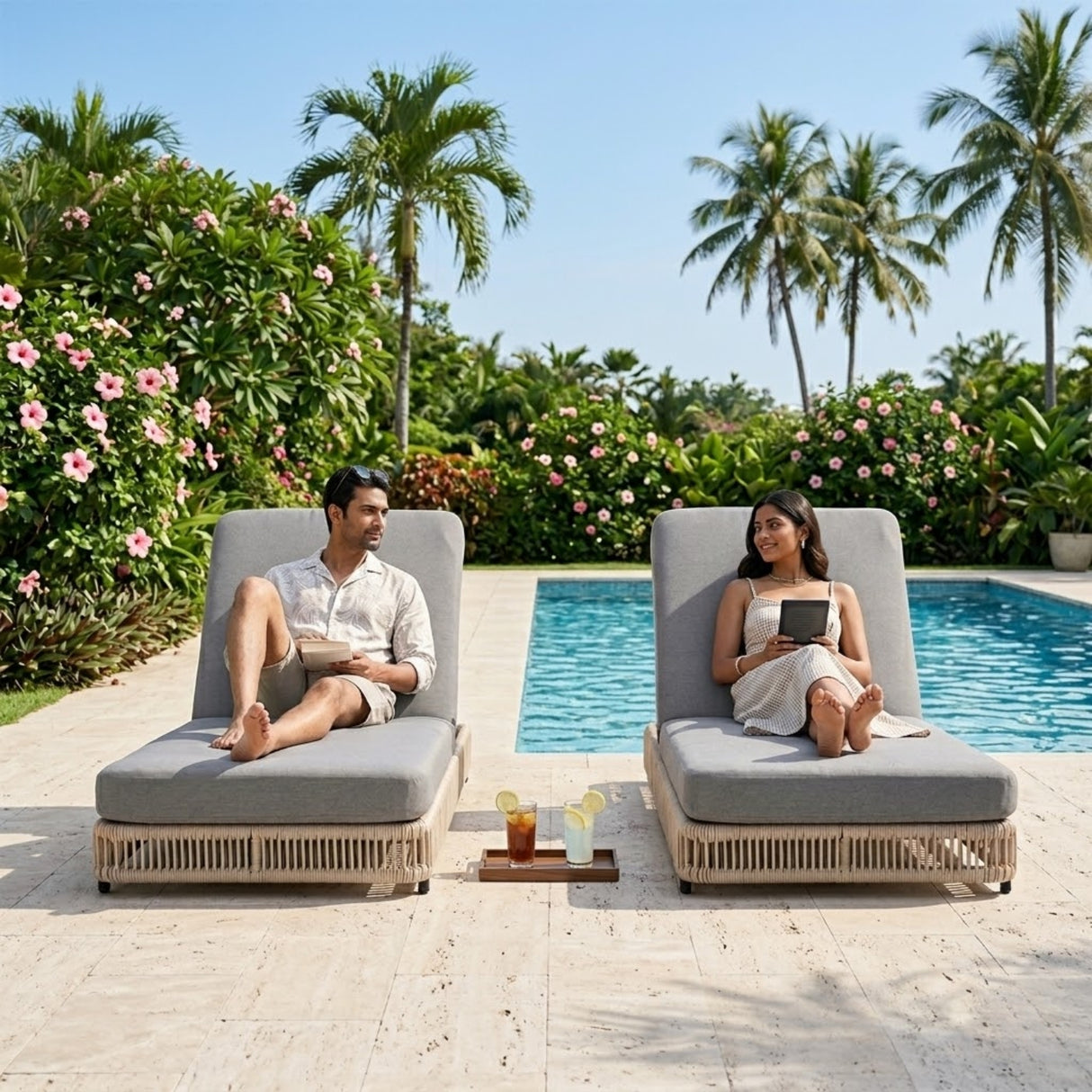 Outdoor Rope Lounger Set of 2 with Adjustable Backrest (Beige & Grey)