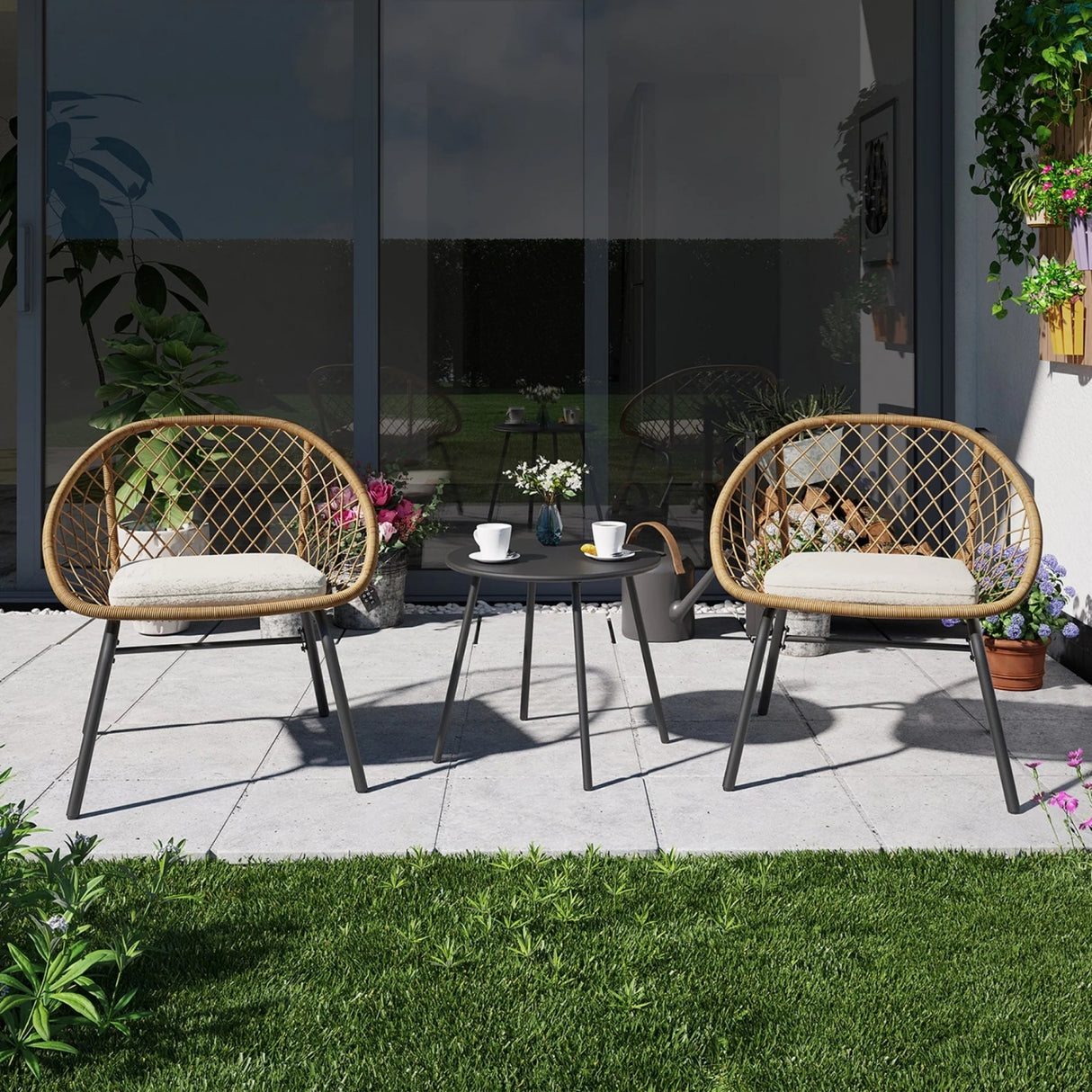 Outdoor Wicker 3-Piece Patio Set (Beige & White)