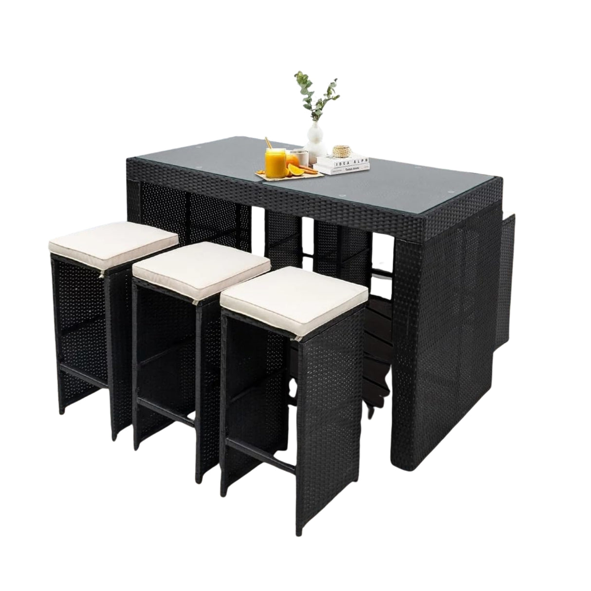 7-Piece Outdoor Rattan Wicker Bar Set with Glass Top Table