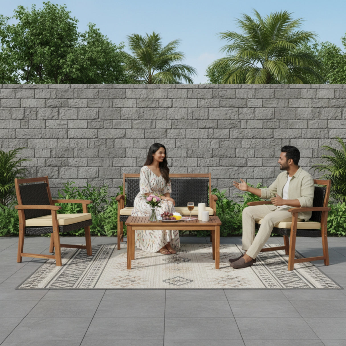 Outdoor Wicker 4-Piece Sofa Set with Solid Sheesham Wood Frames