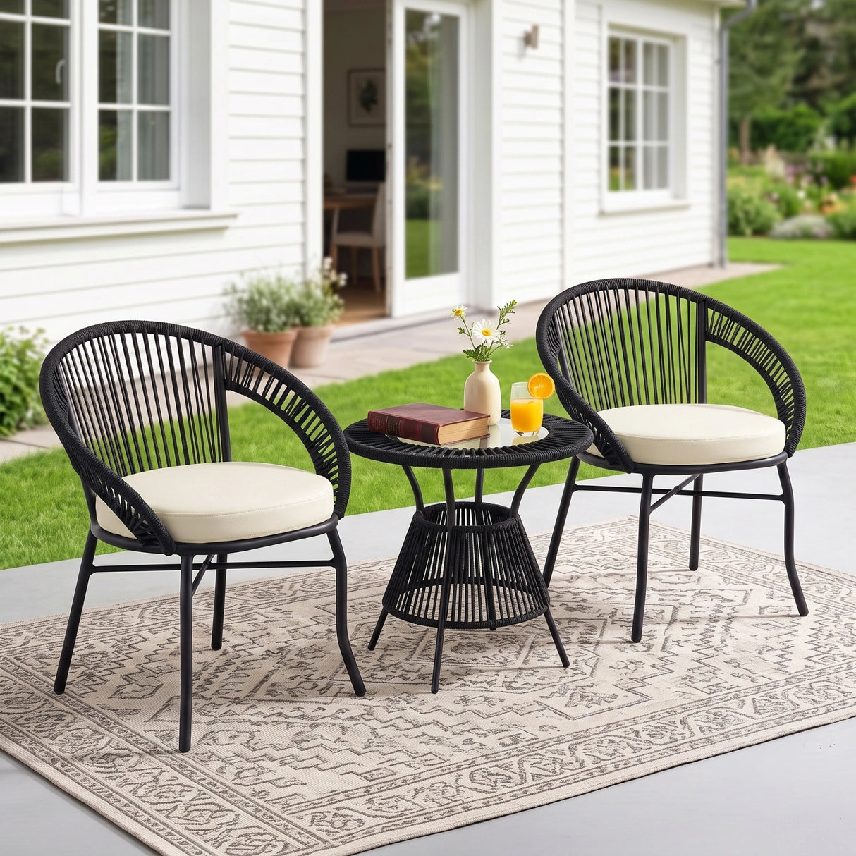 Outdoor Rope 3 Piece Patio Bistro Set (Black & Off-White)