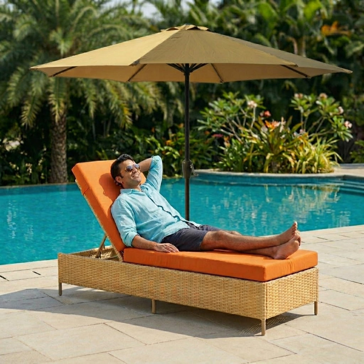 Outdoor Wicker Rattan Lounger Set of 2 with Patio Umbrella (Beige & Orange)