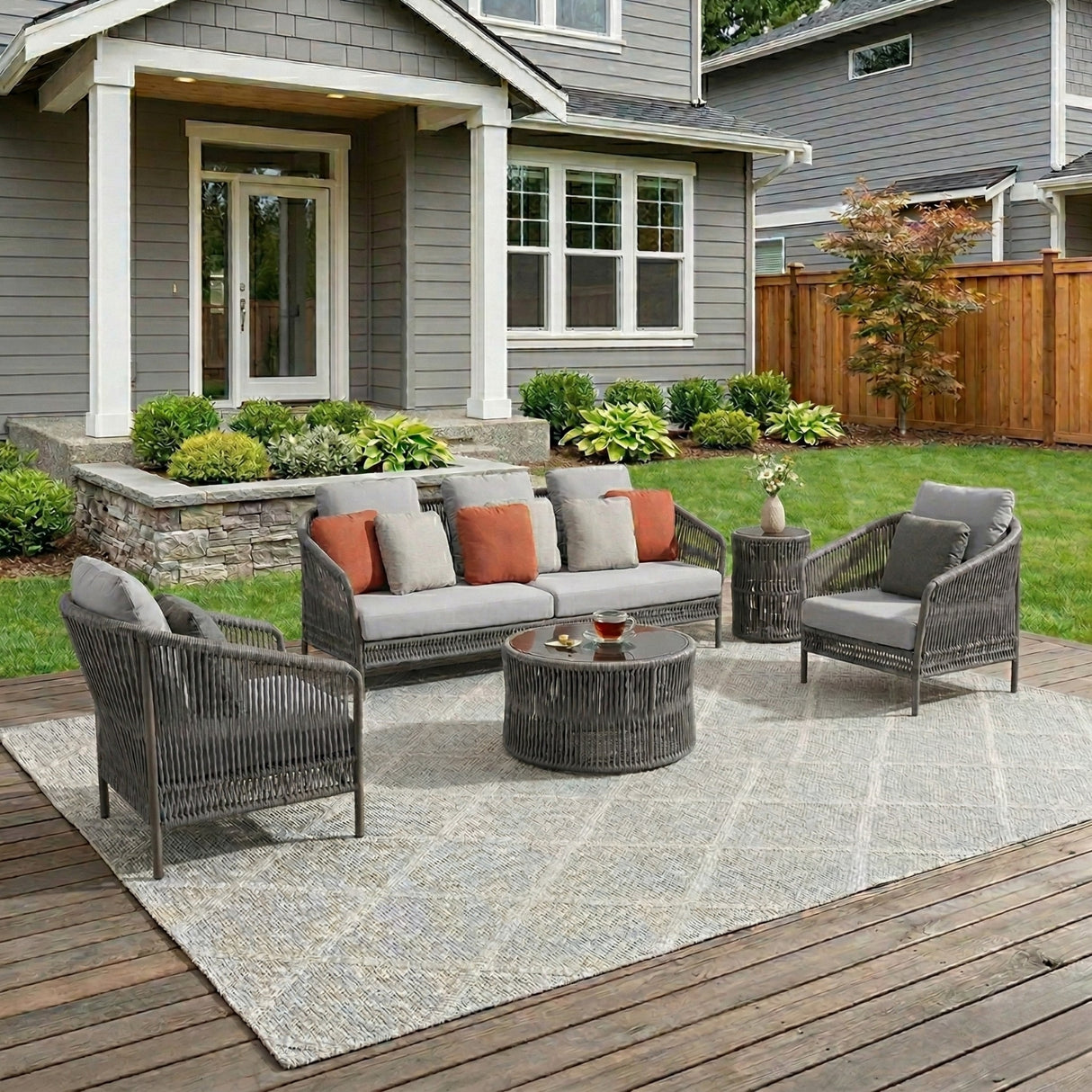 Outdoor 5 Seater Rope Patio Sofa Set with Center Table and Side Table