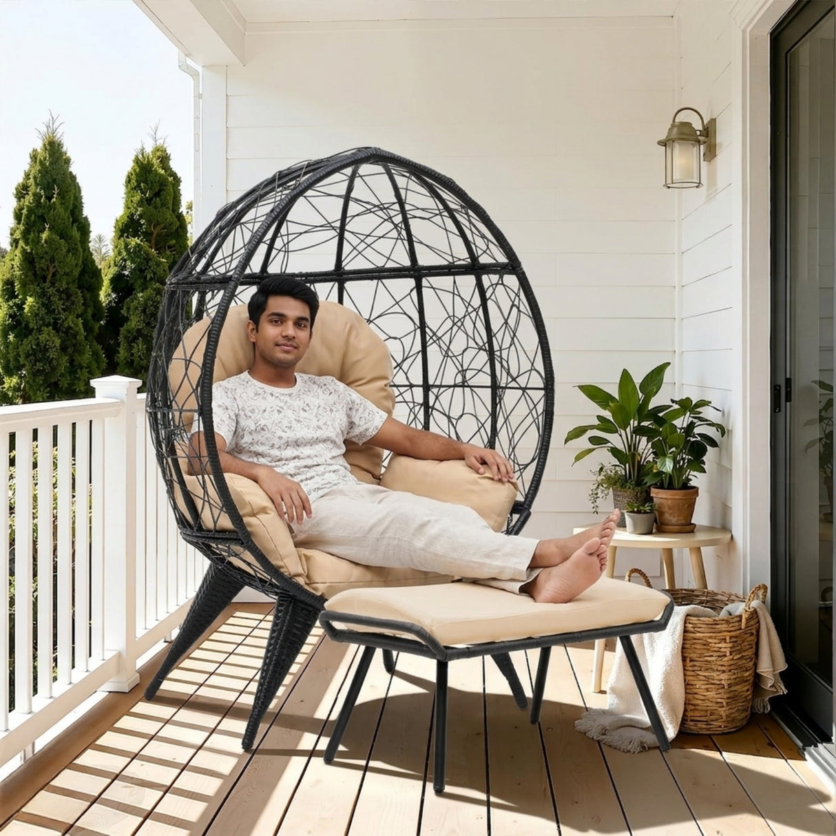 Outdoor Wicker Egg Chair with Ottoman (Black & Beige)