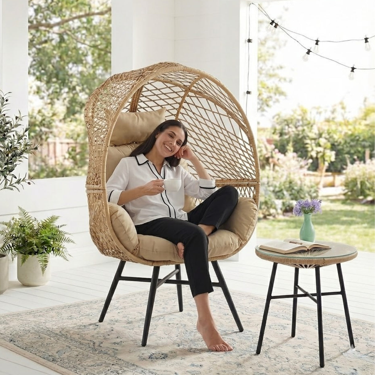 Outdoor Wicker Egg Chair with Glass Top Side Table (Beige & Cream)
