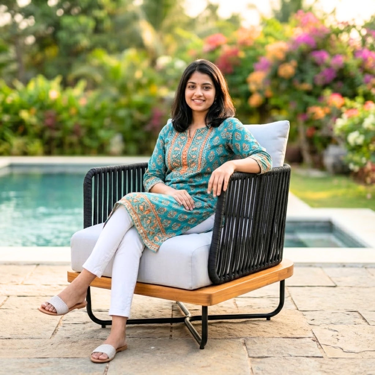Outdoor Rope Sofa with Wooden Base (Black & White)