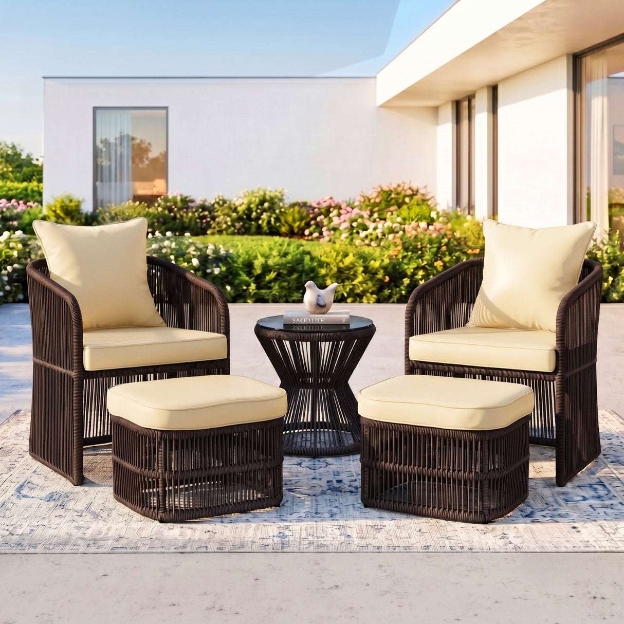 Outdoor 5 Piece Rope Patio Chair Ottoman Set (Brown & Cream)