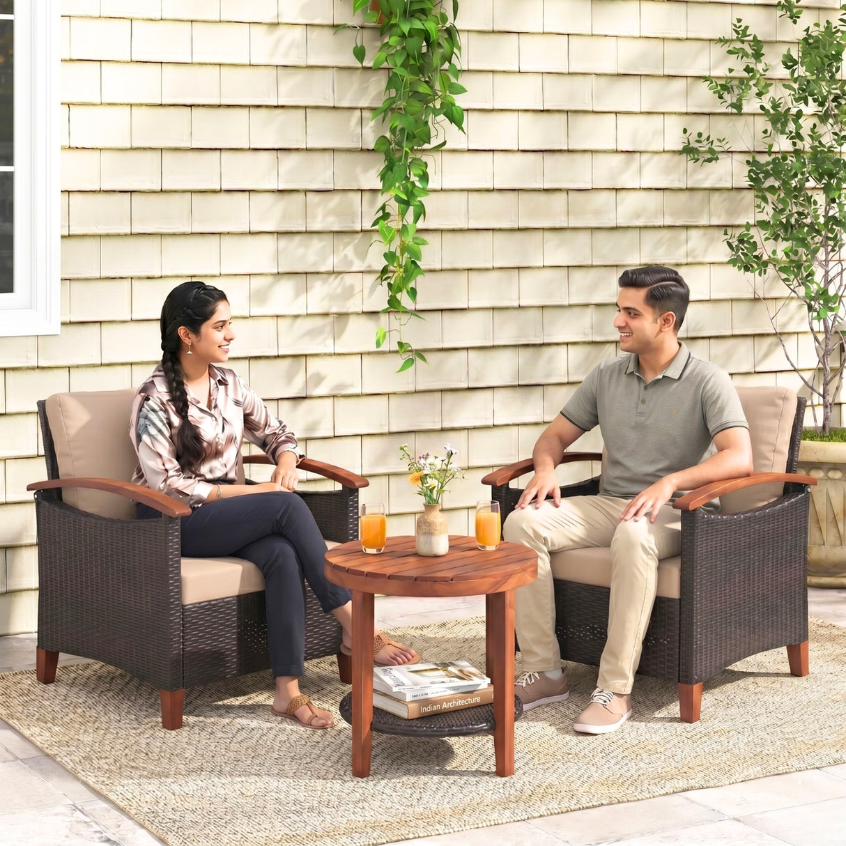3-Piece Outdoor Wicker Patio Conversation Set (Dark Brown & Cream)