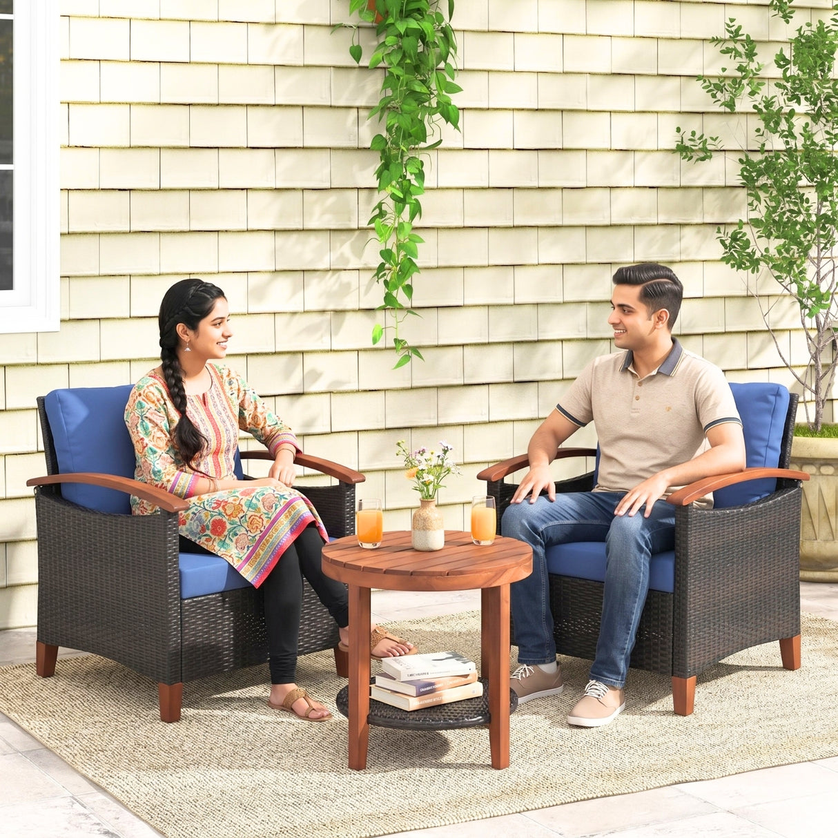 3-Piece Outdoor Wicker Patio Conversation Set (Dark Brown & Blue)