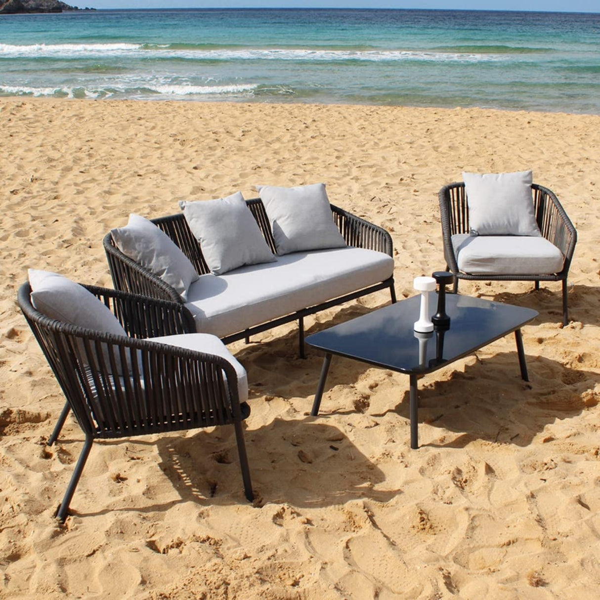 4-Piece Outdoor Rope Patio Sofa Set (Black & Grey)