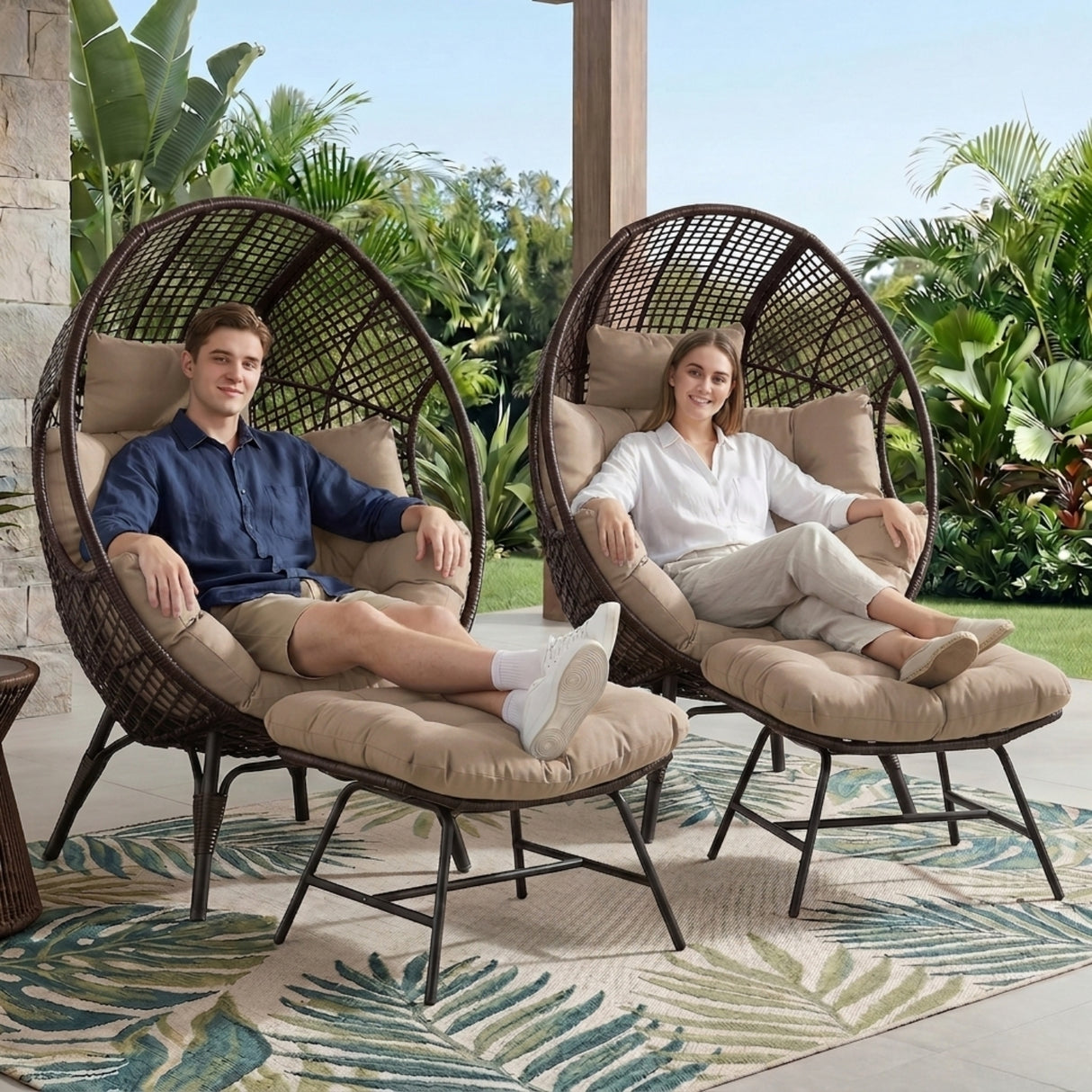 4-Piece Outdoor Wicker Egg Chair Set with Ottomans (Dark Brown & Cream)