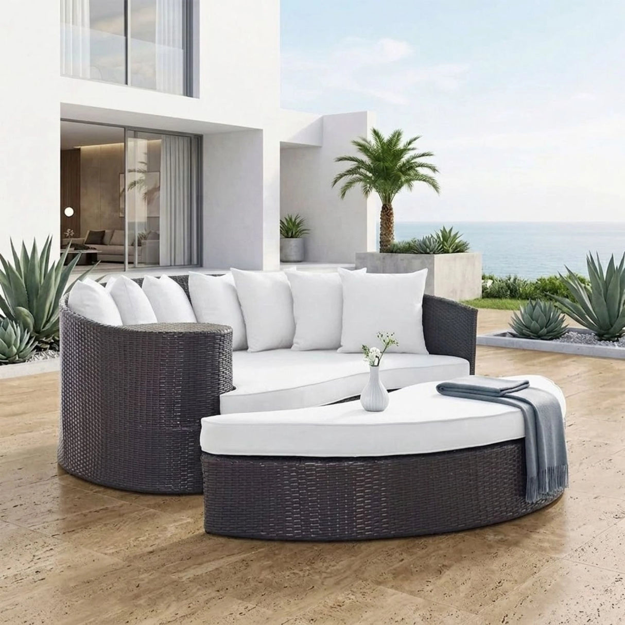 Outdoor Rattan Wicker Daybed (Dark Brown & White)