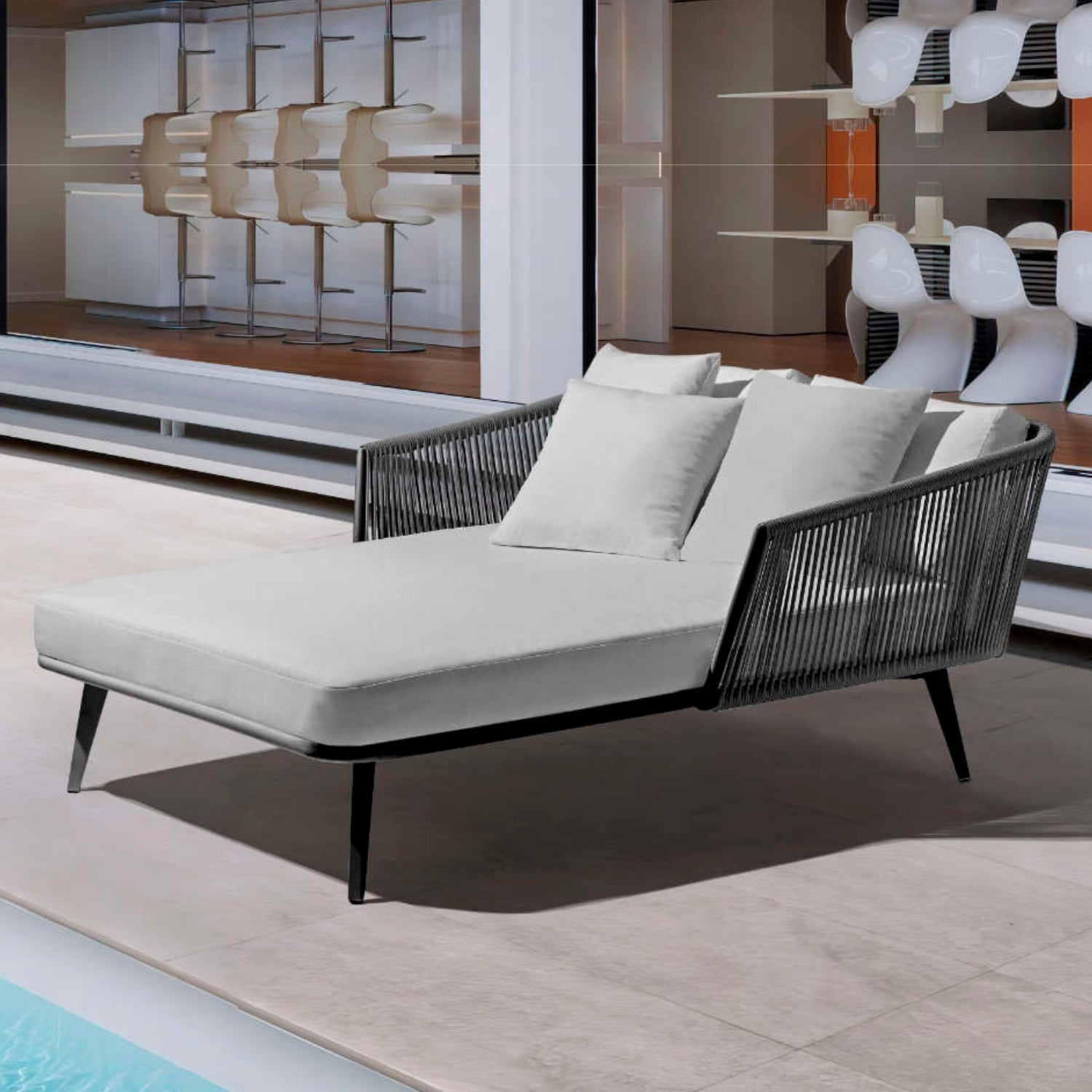 Outdoor Black Rope Patio Daybed with Comfortable Grey Cushion
