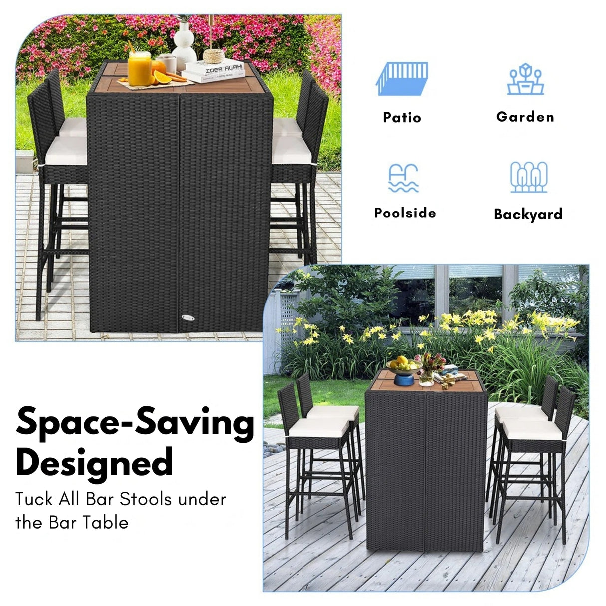 5-Piece Outdoor Rattan Wicker Bar Set with Wooden Top Table