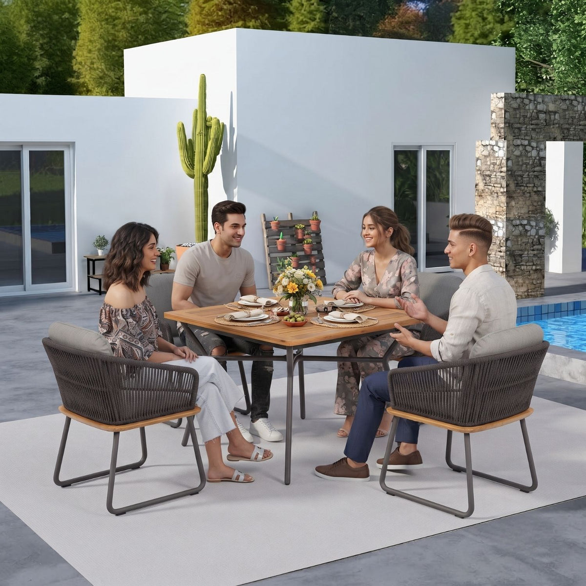5-Piece Outdoor Patio Dining Set With Wooden Tabletop