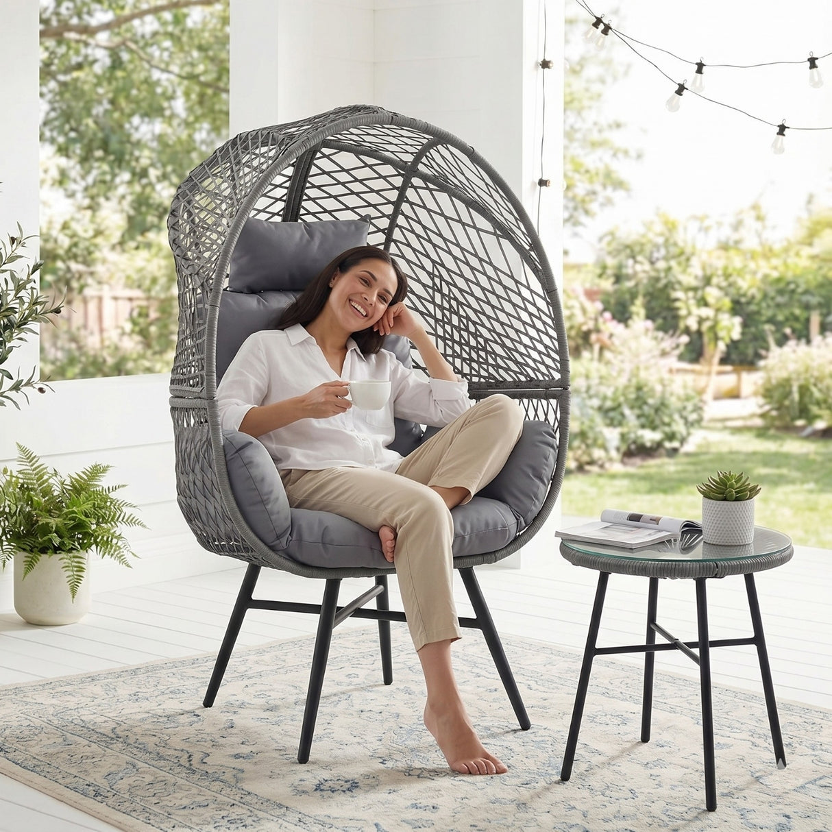 Outdoor Wicker Egg Chair with Glass Top Side Table (Silver Grey & Dark Grey)